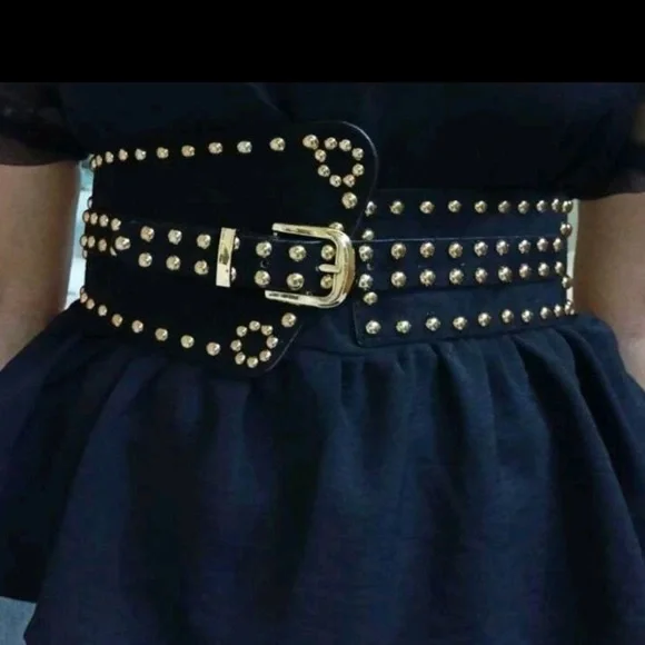 Black vegan faux suede corset gold studs punk wide boho waist belt - Picture 14 of 14
